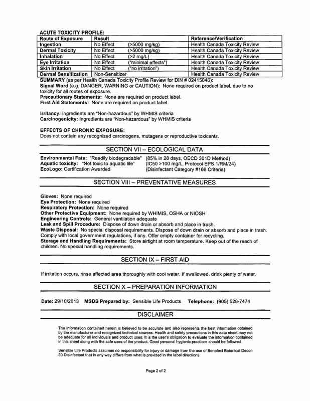 Decon 30 MSDS Canada Green Natural Products